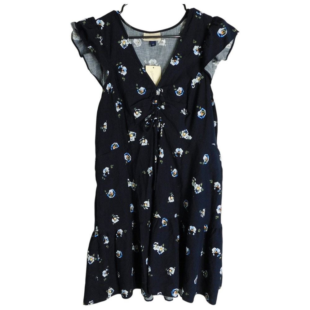Universal Thread Dress Womens L Navy Blue Floral Mini Ruffle Sleeve V-Neck